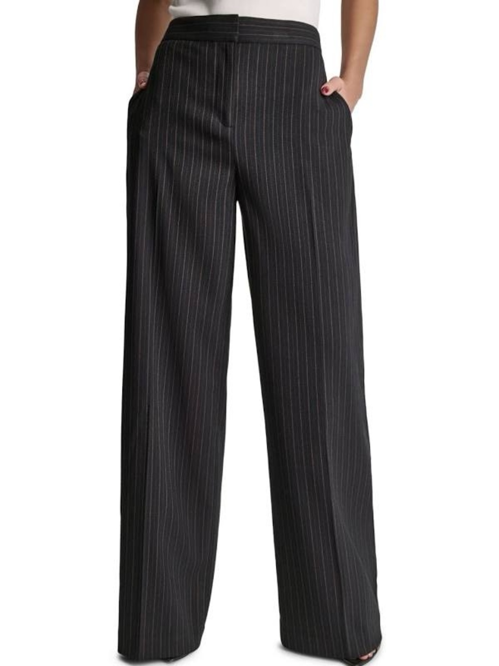 WHBM Wide-Leg Pinstripe Trousers - Black